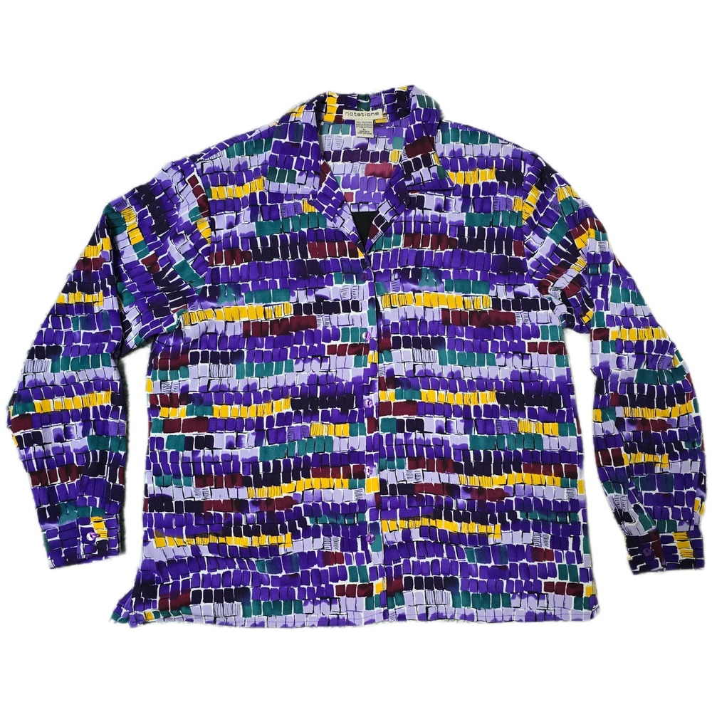 Vintage Notations Abstract Art Button Down Shirt Top Purple Yellow XL (J)